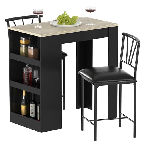 VECELO Small Bar Table and Chairs Tall Kitchen Breakfast Nook with Stools/Dining Set for 2, Storage Shelves, Space-Saving, Gray