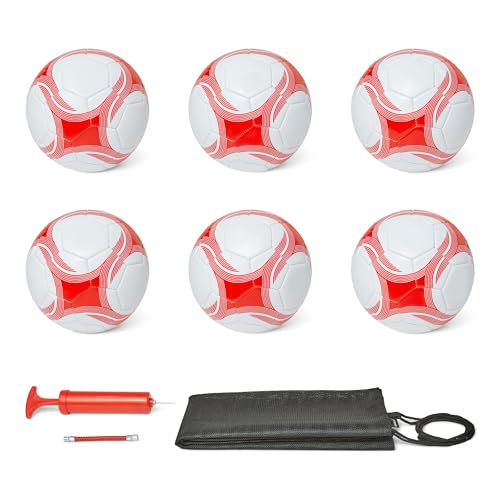 Amazon Basics Size 3 Football with Pump and Bag, Training Ball Set, PVC Construction, Butyl Bladder, Machine Stitched Practice Balls for Teams, Schools, Camps, White and Red, 6-Pack