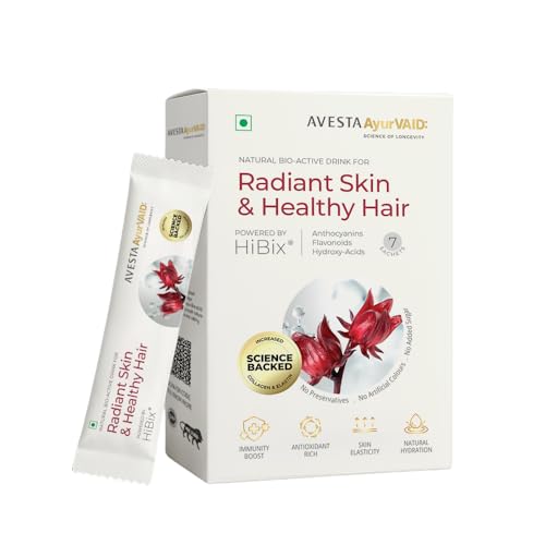 AvestaAyurVAID Radiant Skin & Healthy Hair - Powered by HiBix® | Bioactive Hydration Drink (Pack of 7) | Supports Natural Collagen & Elastin for Skin,
