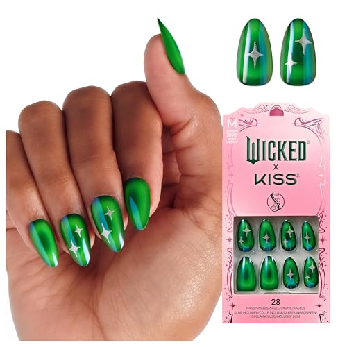 WICKED X KISS Press On Nails Almond, ‘I'm Not Afraid’, Green, Medium, Waterproof, Chip Proof, Smudge Proof, 28 Fake Nails, Pink Gel Nail Glue (2g), Mini Nail File, & Manicure Stick