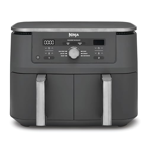 (-35%) Ninja Dual Zone Digital Air Fryer, 2 Schubladen, 6-in-1, Heißluftfritteuse, 9,5L, Heißluft-Frittieren, Max Crisp, Rösten, Backen, Aufwärmen, Spülmaschinenfeste Körbe, Metallic Grau DZ400EU