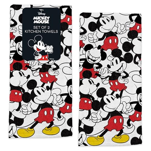Disney Kitchen Towels – 2-Pack 100% Cotton Kitchen Towels Set – 16" x 26" Soft & Absorbent Dish Towels – Mickey, Minnie & Stitch Designs – Durable, Machine Washable (Mickey Mouse)