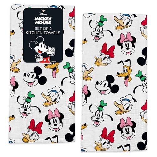 Disney Kitchen Towels – 2-Pack 100% Cotton Kitchen Towels Set – 16" x 26" Soft & Absorbent Dish Towels – Mickey, Minnie & Stitch Designs – Durable, Machine Washable (Mickey & Friends Head Shots)