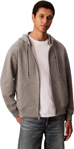 (-46%) Calvin Klein Herren Hoodie mit Reißverschluss Terry Monogram und Bauchtasche, Grau (Med Grey Htr), XS