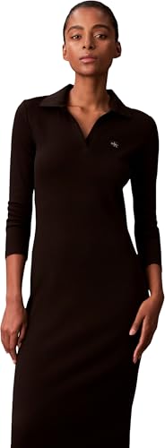 (-65%) Calvin Klein Damen Polokleid Woven Label Midi Gerippt, Schwarz (Black), M