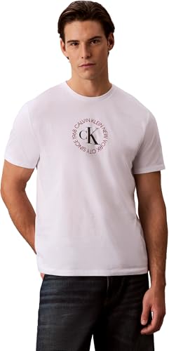 🔥 STARKER PREIS (-55%) Calvin Klein Herren T-Shirt Kurzarm Word Circle Graph mit Rundhalsausschnitt, Weiß (Brilliant White), L
