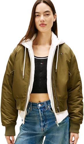 🔥 SELTEN SO GÜNSTIG (-73%) Tommy Jeans Damen Bomberjacke Essential mit Ärmeltasche, Grün (Tundra Olive), M