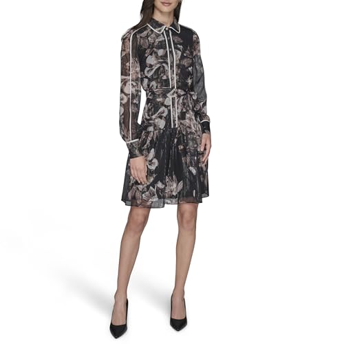 Karl Lagerfeld Paris Women's Long Sleeve Printed Crinkle Chiffon Shirt Dress, Black/Vicuna Multi/Birch