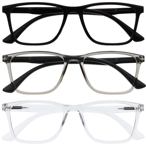 OPULIZE NYX Blue Light Blocking Reading Glasses - Anti-Glare Computer and Gaming Eyewear - 3 Pack - UV and Eyestrain Protection - Rectangular Frame - Black Grey Clear - Men Women - + 2.00