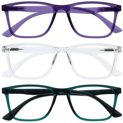 OPULIZE NYX Blue Light Blocking Reading Glasses - Anti-Glare Computer and Gaming Eyewear - 3 Pack - UV and Eyestrain Protection - Rectangular Frame - Purple Clear Turquoise - Men Women - + 1.50