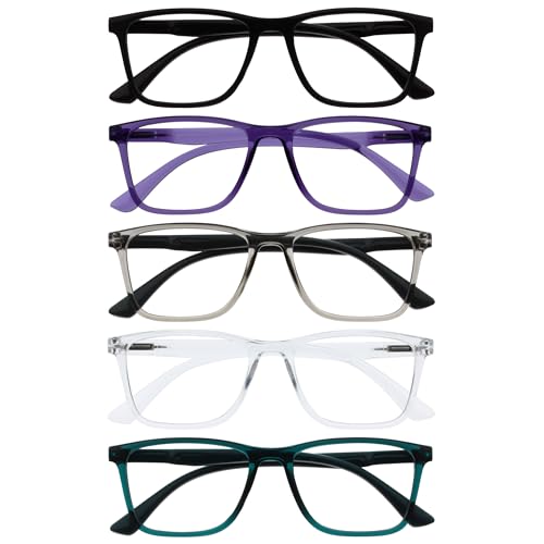 OPULIZE NYX Blue Light Blocking Reading Glasses - Anti-Glare Computer and Gaming Eyewear - 5 Pack - UV and Eyestrain Protection - Rectangular Frame - Black Purple Grey Clear Turquoise - Men Women