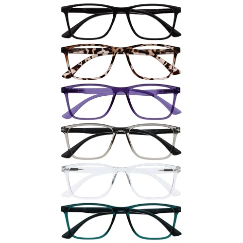 OPULIZE NYX Blue Light Blocking Reading Glasses - Anti-Glare Computer Gaming - 6 Pack - UV and Eyestrain Protection - Rectangular Frame - Black Brown Purple Grey Clear Turquoise - Men Women - + 3.00