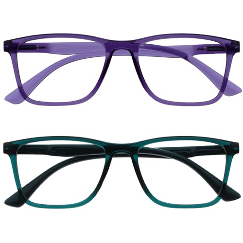 OPULIZE NYX Blue Light Blocking Reading Glasses - Anti-Glare Computer and Gaming Eyewear - 2 Pack - UV and Eyestrain Protection - Rectangular Frame - Purple Turquoise - Men Women - + 0.00