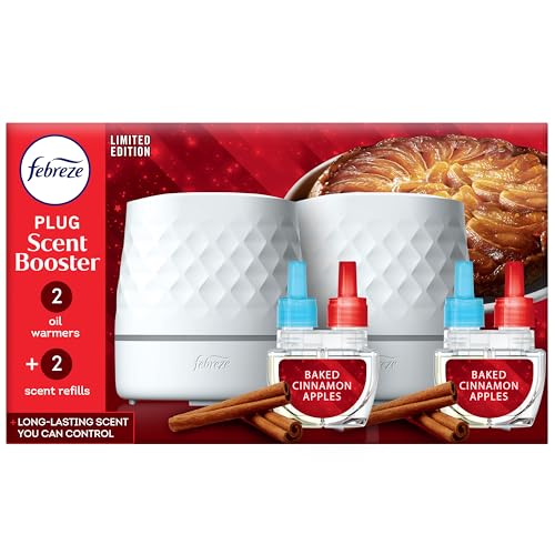 Febreze Plug Scent Booster Starter Kit, Oil Diffuser, Air Freshener Plug in, Continuous Scent, 2 Devices + 2 Baked Cinnamon Apple Refill