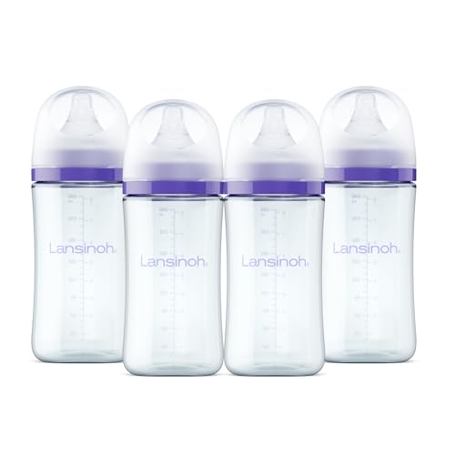 Lansinoh Anti-Colic Glass Baby Bottles, 8 Ounces, 4 Count Bottles for Feeding, Baby Essentials, Includes 4 Medium Flow Nipples, Size M