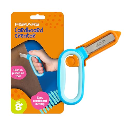 Fiskars Kids Cardboard Creator – Safer Cardboard Cutting Tool with Ergonomic SoftGrip Handle, For Craft and School Supplies, 5 inches