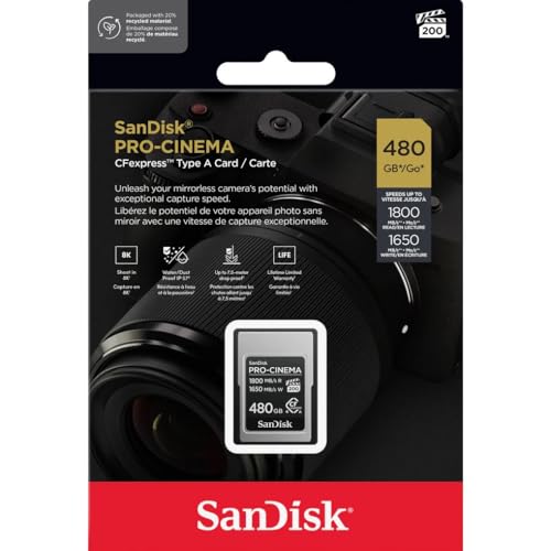 SanDisk 480GB PRO-Cinema CFexpress Type A Card - Up to 1800MB/s Read Speeds & Up to 1650MB/s Write Speed, Type A Memory Card, 4K/6K/8K Video Capture - SDCFEA-480G-GN4NN