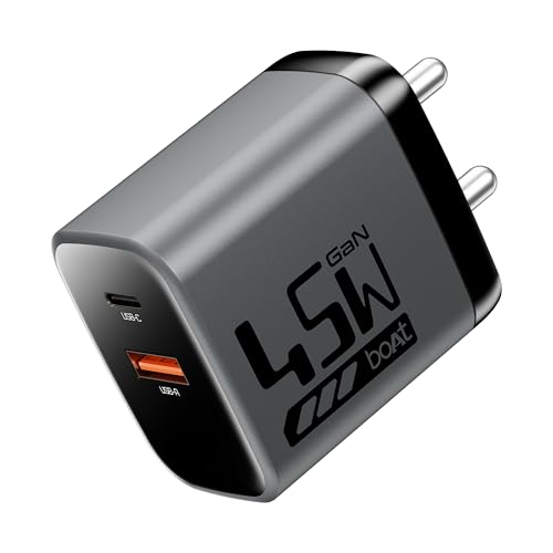 boAt 45W GaN Charger USB Type C, Ultra-Fast Dual Port Fast Charging, Compact & Lightweight, Supports iPhone, Android, iPad, Tablet (Ash Grey)