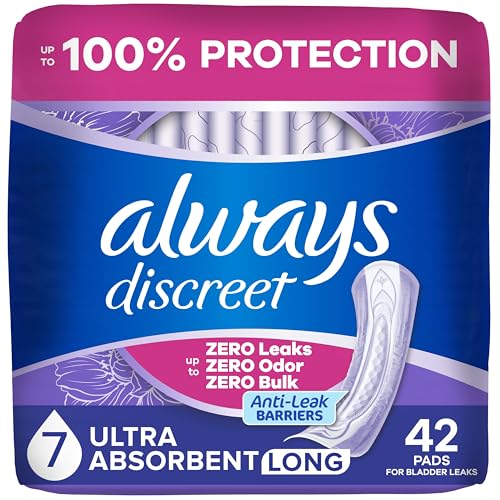 Always Discreet Adult Incontinence Pads for Women, Ultimate Extra Absorbency, Long Length, Postpartum Pads, 42 Count