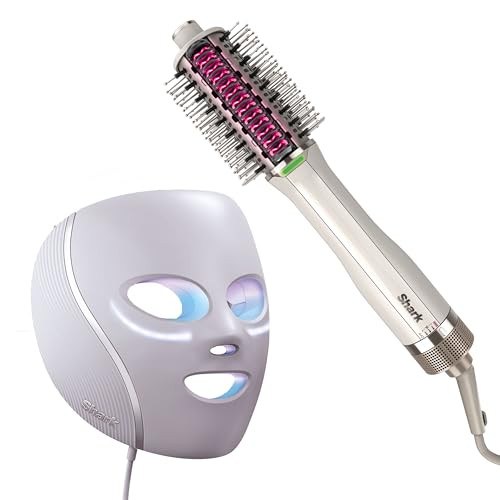 Shark CryoGlow Lilac Chill LED Face Mask + SmoothStyle Heated Comb & Blow Dryer Brush, Dual Mode, for All Hair Types with Under-Eye Cooling, Anti-Ageing & Blemish Repair, Red & Blue LED