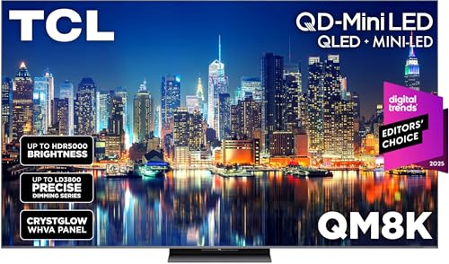 TCL 75-Inch Class QM8K Series QD-Mini LED 4K UHD Google Smart TV Next Generation Mini-LED TV - QLED, 144hz, 288hz VRR, No Bezel Design, Unrivaled Picture Quality, Ai Processing (75QM8K, 2025 Model)