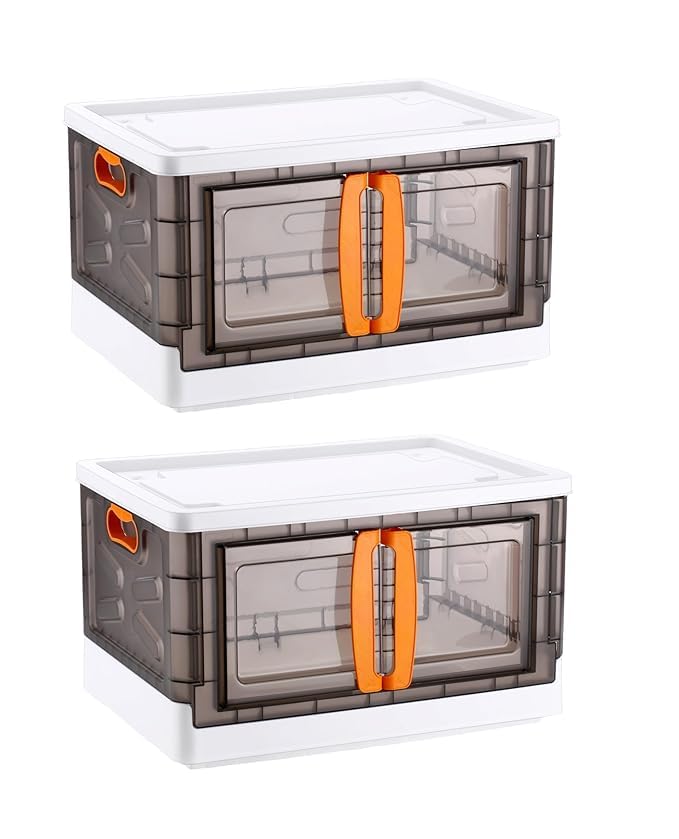 Arto Plastic Storage Bins Pack of 2, 70L Collapsible Stackable Boxes for Kitchen, Closet & Pantry Organization, Large Foldable Containers, Wardrobe Ca