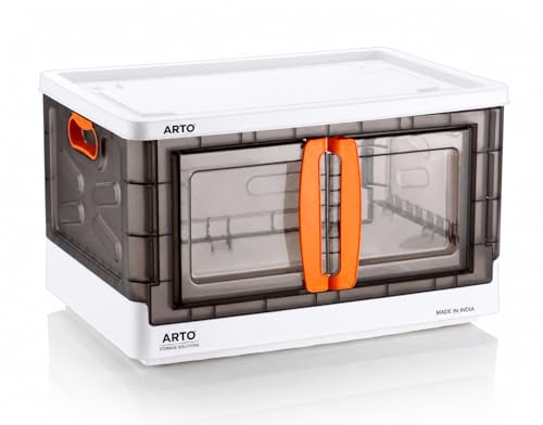 Arto 70L Foldable Plastic Storage Box with Lid, Large Stackable Kitchen Organizer Bin Front Opening Door, Wardrobe Cabinet Container, Heavy Duty Home 