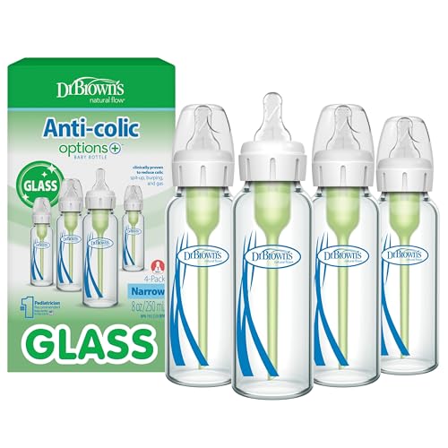 Dr. Brown's Anti-Colic Options+ Narrow Glass Baby Bottle with Level 1 Slow Flow Nipple, BPA-Free, 8 oz/250 mL, 4-Pack