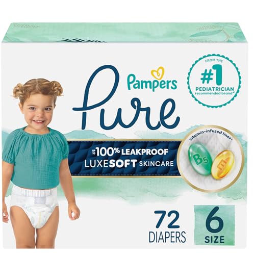 Pampers Pure Protection Baby Diapers, Size 6 (35+ lbs), 72 Count, Up to 100% Leakproof, Premium Plant-Based Skin Protection, Hypoallergenic Soft Diapers