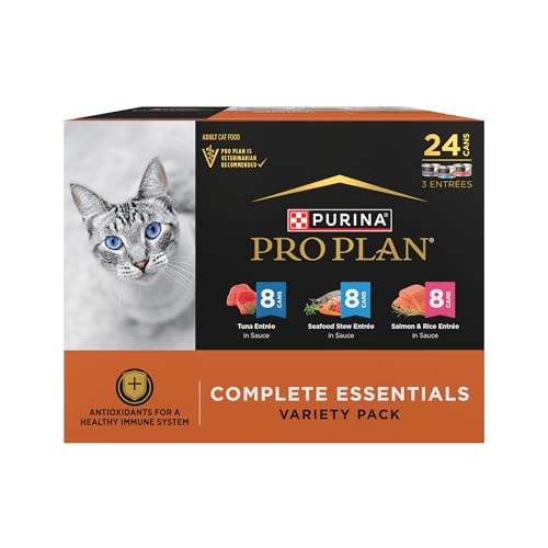 Purina Pro Plan High Protein Cat Food Complete Essentials Wet Cat Food Seafood Favorites Variety Pack 3 Ounce (Pack of 24)