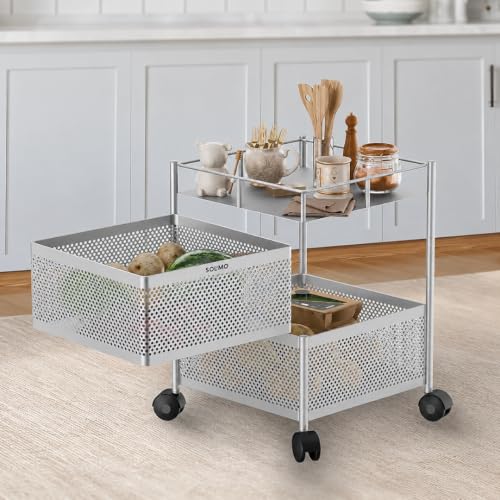 Amazon Brand - Solimo 360° Revolving Preassembled Heavy-Duty 2 Layer Square Portable Trolley with Wheels | Multipurpose Storage Racks | Books, Fruits 