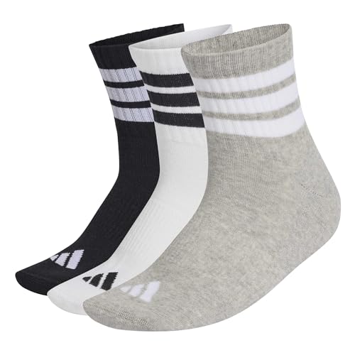 (-49%) adidas Unisex 3 Stripes Cushioned Sportswear Mid Cut Socks 3 Pair Pack, medium grey heather/white/black, 48-51