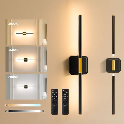 GvvooHome Battery Operated Wall Sconces Set of 2, Detachable 360°Rotate Wall Lamps, 3000-6500K Dimmable with Remote Control, 10000mAh Rechargeable Wall Lights for Bedroom, Living Room，28" Black Gold