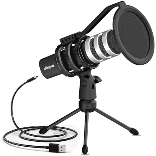Akkord USB Microphone with Tripod Stand – 192kHz/24Bit Cardioid Condenser Mic, 9.7mm Diaphragm, Plug & Play for Podcasting, Streaming, Voice Recording