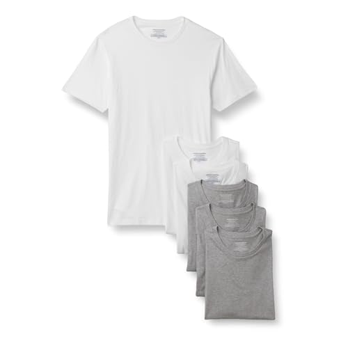 Amazon Essentials Mens' Slim Fit Cotton Crew Neck Undershirts, Medium Grey Heather/White Short Sleeve, Small