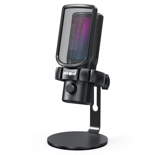 Akkord USB Condenser Microphone, Cardioid Polar Pattern, 192kHz/24Bit, Real-Time Monitoring, 40dB Sensitivity, 50Hz–16kHz Frequency Response, Plug Pod