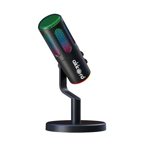 Akkord USB Condenser Microphone with RGB Lights, Real-Time Monitoring, Noise Cancellation, Plug & Play USB-C Mic for PC, Mac, Android, iPad – Ideal fo