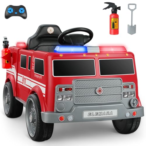 ELEMARA 12V Ride on Fire Truck, Battery Powered Toddler Electric Vehicle w/Parent Remote Control,Ride on Car for Kids,Siren-Call,walkie-talkies, Flashing Lights,Fire Extinguishers, Bluetooth,Music,UBS