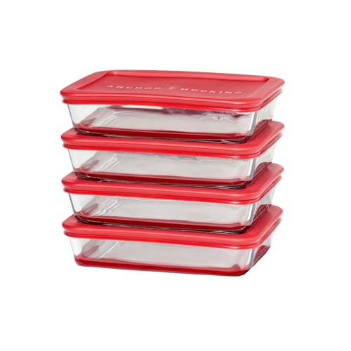 Anchor Hocking SnugFitTM Rectangular Food Storage Containers with Lids (4-Piece, 3-cup, Red, oven-safe)