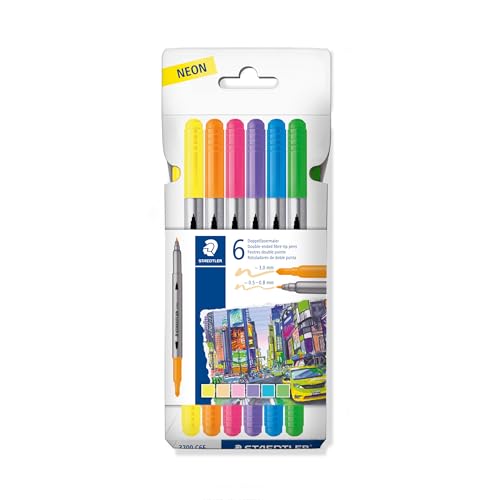 STAEDTLER Colouring Pens - Double-Ended, 0.5-3.0mm Line Width - 6 Assorted Neon Colours - Pack of 12, 3200 C6F