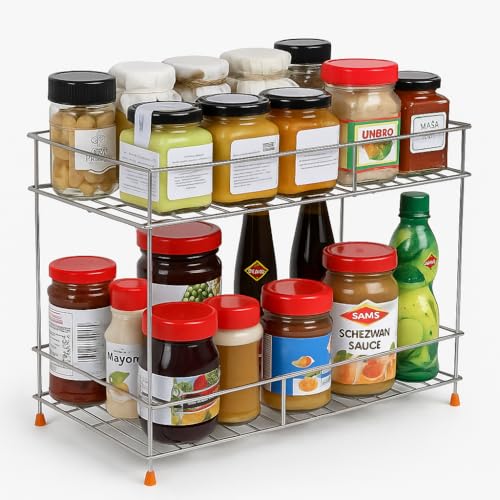 CHHAAP 2-Tier Stainless Steel Kitchen Storage Spice Rack and Container Organizer Space Saver Rack Counter top Stand Multipurpose Masala Stand (Pack of