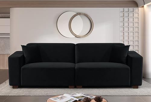 83" Minimalist Velvet Couch – 3 Seater Sofa with Two Accent Pillows, Loose Back Cushions, Modern Soft Velvet Fabric Upholstery & Sturdy Gourd Legs, Ideal for Living Room & Apartment Use, Black
