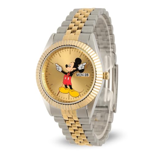 Mickey Mouse Watch for Men – Classic Mens Mickey Mouse Watch – Stylish Watches for Men – Officially Licensed Watches – Multicolor Stainless Steel Strap, Gold Dial – Vintage-Inspired