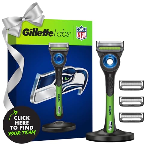 Gillette Labs Special NFL Seahawks Edition Shaving Razor for Men - 1 Handle, 4 Razor Blade Refills & Magnetic Stand, Perfect for Game Day Grooming, GilletteLabs with Exfoliating Bar