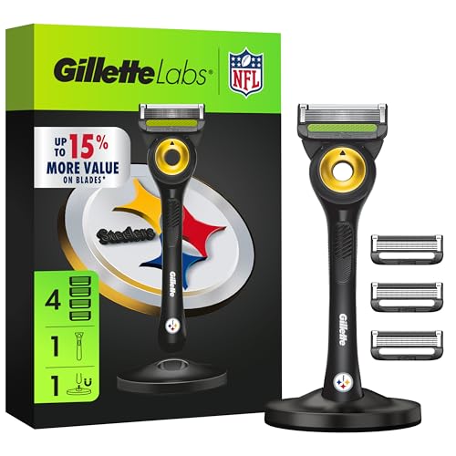 Gillette Labs Special NFL Steelers Edition Shaving Razor for Men - 1 Handle, 4 Razor Blade Refills & Magnetic Stand, Perfect for Game Day Grooming, GilletteLabs with Exfoliating Bar