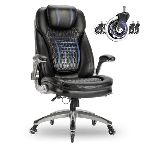 🔥 STARKER PREIS (-43%) COLAMY Chefsessel aus Atmungsaktivem Leder – Ergonomischer Bürostuhl mit Taschenfederkern-Sitzkissen, Flip-up-Armlehnen& Leisen Rollen für Homeoffice und Büro, Schwarz