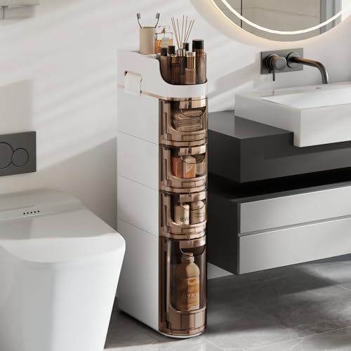 VECELO 4-Tier Slim Bathroom Storage Cabinet with Wheels, Skinny Bathroom Storage Cabinet with Drawers, Toilet Paper Holder, Movable Narrow Floor Cabinet for Small Space, Bathroom