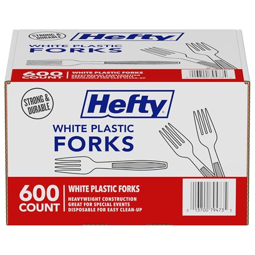 Hefty Bulk Plastic Forks, 600 Count, White Disposable Forks for Offices, Concessions Stands, Food Trucks, School Cafeterias, Catering, and More