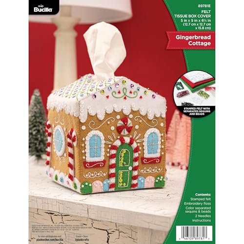 Bucilla, Gingerbread Cottage, Perfect for DIY Arts and Crafts Projects Felt Applique Tissue Box Cover, 89781E
