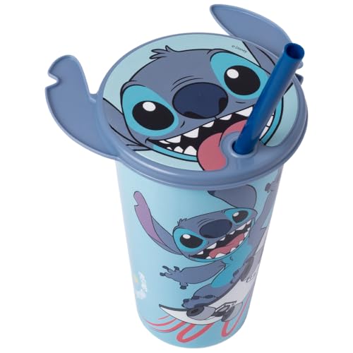 Copo com Tampa Rosto Stitch e Canudo 500 ml Plasútil